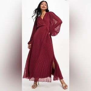 Pleated Metallic Chiffon Wrap Maxi
